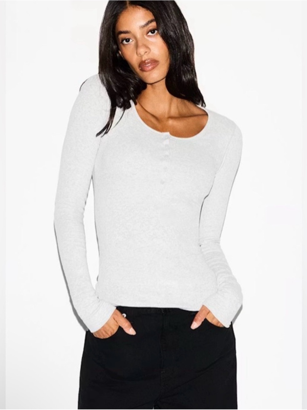 NWT SKIMS Cotton Rib Scoop Neck Henley in Light Heather Grey Medium